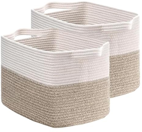 YOUNTHYE 2Pack Cotton Rope Storage Basket, Woven Baskets with Handles, Medium Bathroom Rope Basket Set, Woven Storage Basket for Towel Blanket Toy Storage