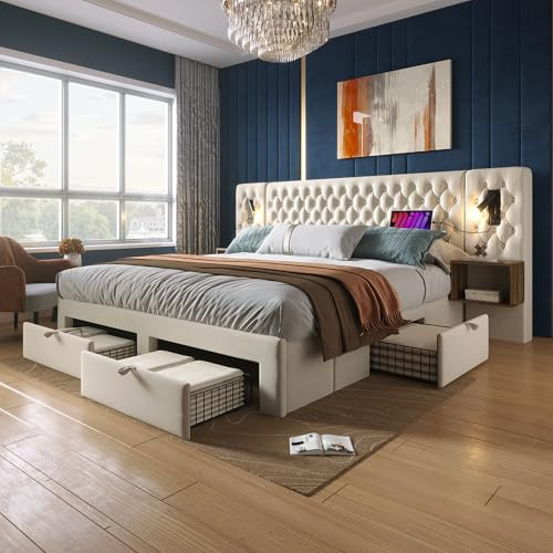 Lit Capitonné Double 160 x 200 cm Avec 4 Tiroirs de Rangement, Table de Chevet, Sommier à Lattes, Lampe de Lecture USB pour Tête de Lit, Pour Adolescent
