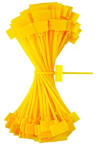 QIMEI-SHOP Kabelbinder Tags Gelb 150mm x 3mm Kabelbeschriftung Kabelbinder Set Zugfestigkeit 10 kg Verstellbare UV Beständig für Kabelmanagement Gartenarbeit 100 Stück