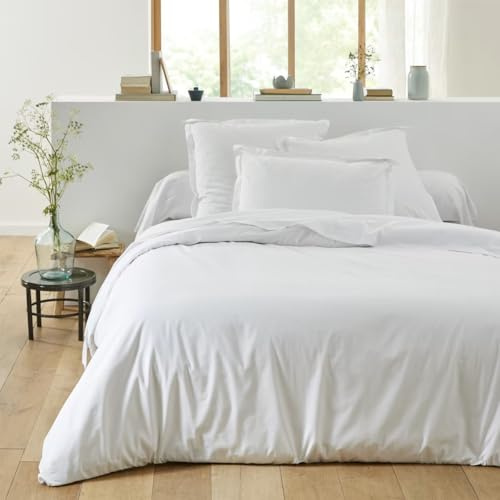 Ensemble de Parure de draps 5 Pieces Unie en pour Un lit 2 Personnes 140 x 190 cm 1 drap housse + 1 drap plat +2 taies d'oreiller + 1 taie de traversin 100% Coton 57 Fils HAUTE QUALITE (blanc)