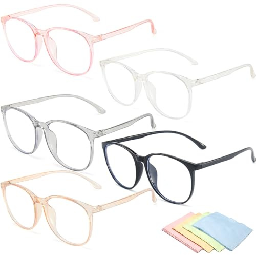 ZXJLWR Blaulichtfilter Brille Damen, 5 Paar Blaulichtfilter Brille mit 5 Stück Brillentücher, Runde Blaulichtfilter Brillen für Männer Frauen, Blaulicht Brille Tragen für Arbeit Lesen