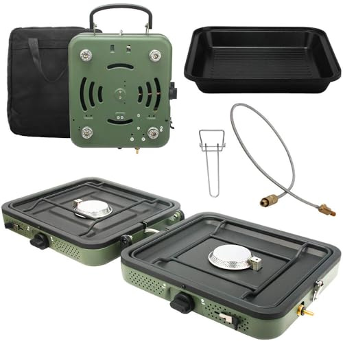 ANQIA2 Burner Camping Stove with Griddle Pan Portable Foldable Camping Gas Stove with 16000 BTU Adjustable Burners & Piezo Ignitionfor Outdoor BBQ Green