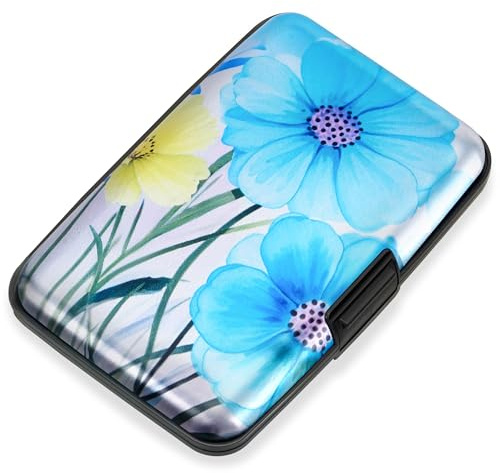 Mayski Credit Card Holder, RFID Blocking, Aluminum Alloy Hard Case, Small Mini Business Metal Wallet for Women Men, Blue Flower