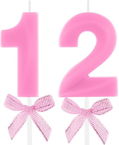 Vela de cumpleaños número 12 con lazo rosa con el número 12, velas con diseño 3D, decoración para tartas, vela de feliz cumpleaños para niños, niñas, aniversario, celebraciones, suministros de fiesta