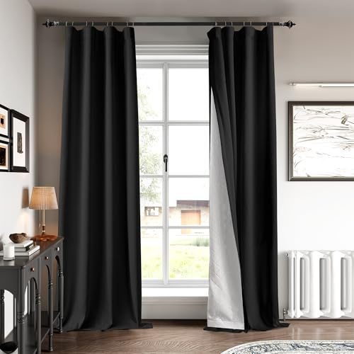 KNEQOIT Soundproof Curtains 108 inches - 3 Layers 100% Blackout, Thermal Insulated Back Tab Drapes for Door Window Nursery Divider, with Pin Hooks, Black, 50x108 Inch, 1 Panel
