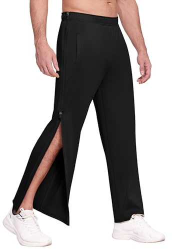 PINSPARK Men's Rehab Pants Side Zip Full Open Tear Away Trousers Post Surgery Hip Replacement Wheelchair Adaptive Clothing Elastic Waist All Black L
