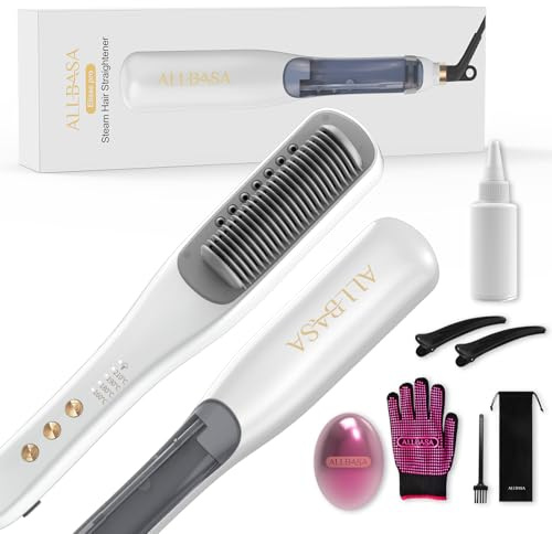 ALLBASA Piastra per capelli a vapore professionale spazzola lisciante a vapore per capelli, 4 temperatura regolabile, 160 ℃-210 ℃,Piastra per capelli con tecnologia a vapore(bianco, spazzola vapore)