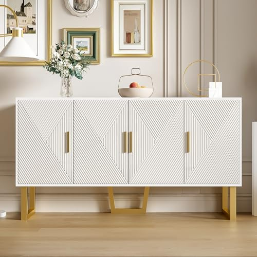 LULUWA Buffet moderne de luxe de 150 cm avec 4 portes, armoire avec portes texturées brillantes et poignées dorées, étagères réglables en hauteur