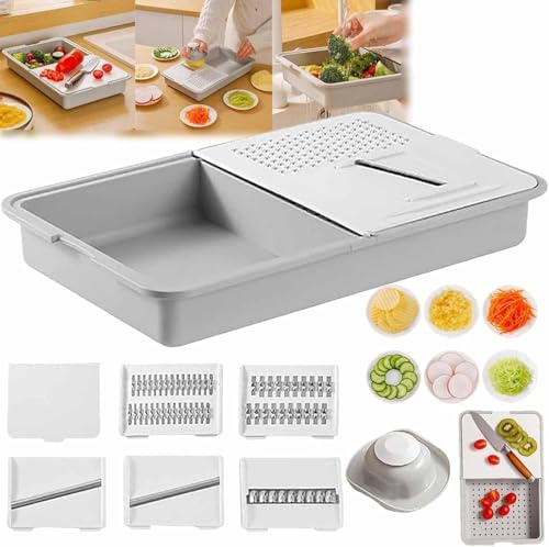 Multi-Functional Grater & Drainer Cutting Board, 13.74 inch Removable 6 in 1 Over Sink Cutting Board with Strainer & Collapsible Containers, Vegetable Slicer Draining Basket Kitchen Accessories