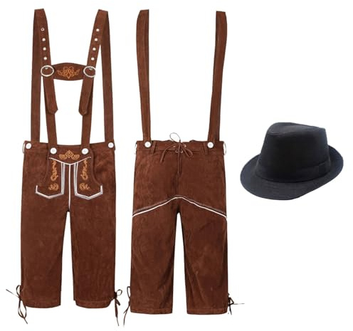 Braun Kurze Lederhose Herren Mit Hosenträger Und Trachtenhut Für Oktoberfest Outfit Trachtenhose Trachtenlederhosen Trachtenjeans Lederhosen Für Tracht Trachtenlederhose Trachtenmode Trachtengürtel Xl