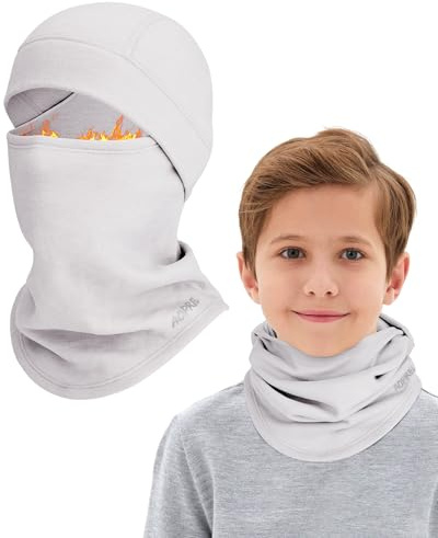 AOPREL Passamontagna invernale per bambini, misto lana modal Balaclava, maschera da sci multifunzionale, antivento, maschera per il viso, con scaldacollo per ragazzi e ragazze, grigio chiaro, Taglia