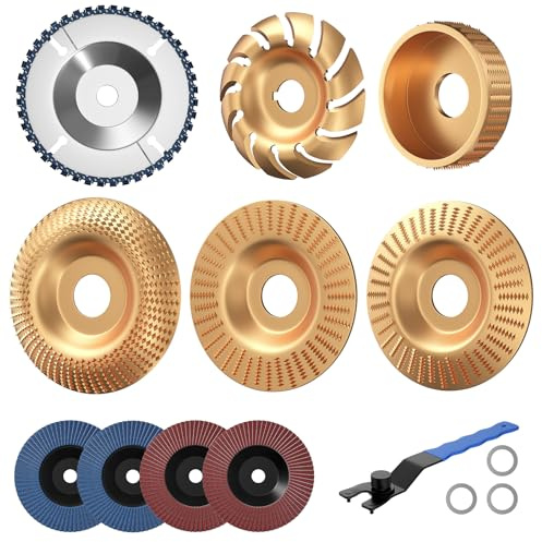BURMONG 14PCS Wood Carving Disc Set for 4 & 4-1/2 Angle Grinder – Wood Cutting, Carving & Grinding Kit with Chainsaw Disc, Wood Shaping Discs, Flap Sanding Wheels, Adapter Rings & Wrench