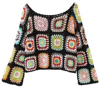 Generisch Pull pour femme - Style bohème - En crochet - Avec motif en dentelle - Manches longues - Style décontracté - Haut tendance pour l'hiver, Noir , taille unique