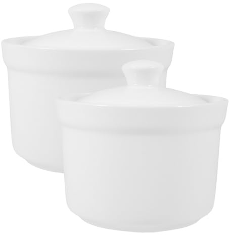 INOOMP 2 Ollas de Cerámica para Estofado con Tapa, Set de 2 Piezas, Boles para Cocina en Cerámica de Color Claro, Ideales para Cocinar y Servir Postres o Huevos al Vapor