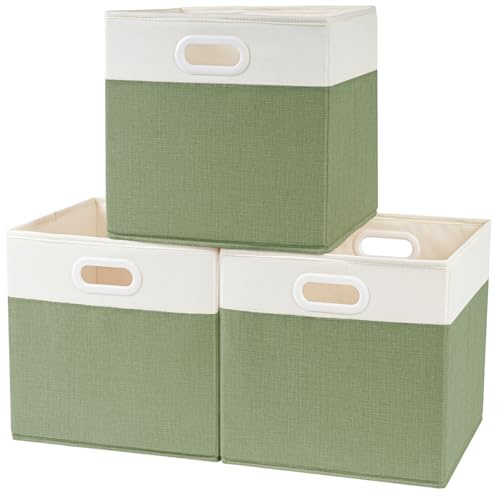 SOCOHOME Cajas de Almacenamiento en Cubo de Tela, 25x25x25cm Cestas de Almacenamiento Plegables para Juguetes, Guardería y Armario(Verde/Blanco, Juego de 3)
