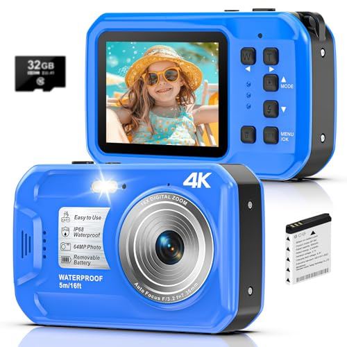 Fotocamera subacquea 4K, 64 MP, fotocamera digitale impermeabile con scheda da 32 GB, autofocus, fotocamera galleggiante impermeabile con schermo IPS HD, zoom digitale 16x, luce di riempimento, per