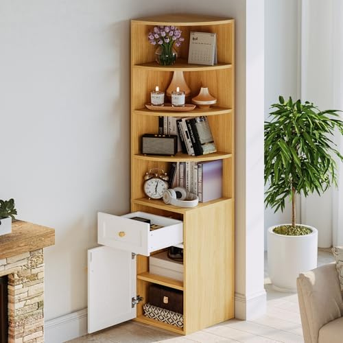 IRONCK Corner Bookshelf and Bookcase, 71 H Wooden Book Shelves 4 Tier with Drawers and Storage Cabinet for Living Room, Office, Bedroom, Oak and White