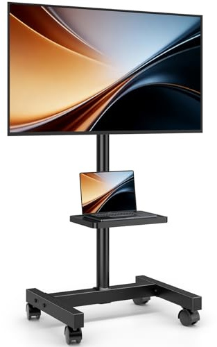 AX WABER Mobile TV Floor Stand for 19-50 inch LCD LED Flat/Curved Panel Screen TVs up to 55 lbs, Height Adjustable TV Stand Mount with Tilt VESA 200x200, Portable TV Stand with Shelf AX2007TBM