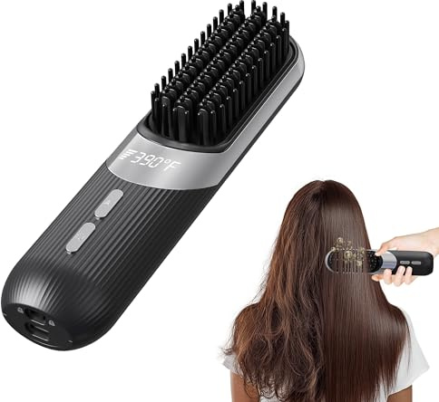 Cordless Hair Styling Brush 2-in-1 AI Smart Styler Fast Heat 30 Seconds USB Rechargeable Dual Power LCD Display Portable Travel Comb Includes Pouch (Black)