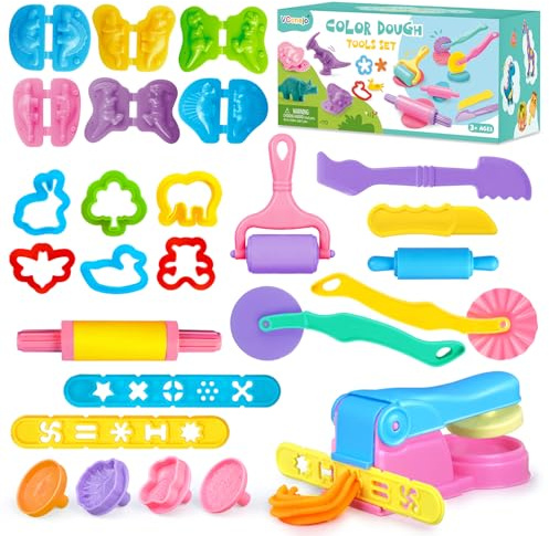 Playdough Tools Set for Kids, 26 pcs Dough and Clay Accessories with Stamps, Animal Cutters, Rollers, Extruder, Dinosaur Dough Play Molds, Educational Toys for Boys Girls