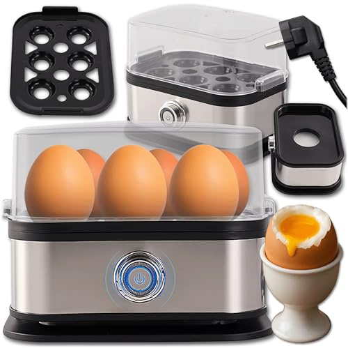 KRUMAD Eierkocher, Egg Cooker, Eierkochgerät, Eiergarer, Eierkochautomat | Familiengröße 17x14x11 cm, für 6 Eier, 3 Zeiteinstellungen, 200W, 220V, aus Edelstahl und Kunststoff, Rutschfeste, Silber