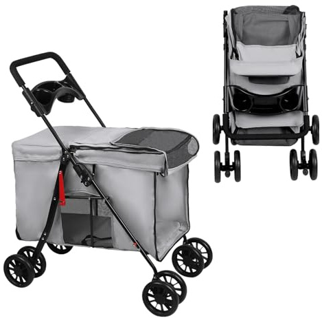 Transporteur de chiens avec roues - Grande poussette pour chiens et chats - 20 kg - Chariot de Voyage avec Poignée et Poches Rangement - Respirant et Confortable (gris)