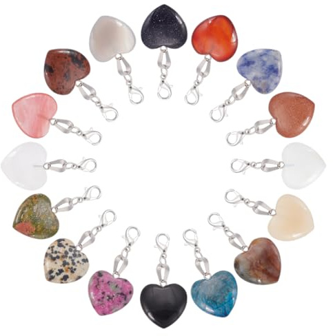 PH PandaHall Herz Stein Charms 16pcs Liebe Herz Anhänger Valentinstag Charms Quarz Edelstein Chakra Stein Charm Anhänger mit Hummer Klauen Verschlüsse für Valentine Mutter Hochzeit Halskette Schmuck