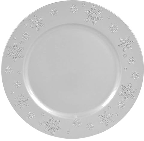 Aurora Store 6 Sottopiatti Bordo Fiocchi di neve ARGENTO SILVER in plastica Rigida Bordo Liscio Tondo 33 cm Natale cenone sotto Piatto Natalizio Capodanno Natale Cena Aperitivo