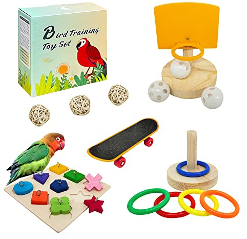 Bird Toys,Parrot Training Toys for Lovebird,Five-Types Parakeet Toys Sets for Conure, Cockatiel,12 PCS Parrot Intelligence Toy,Basketball Hoop,Skateboard,Stacking Toys,Wooden Block Bird Puzzles Toy