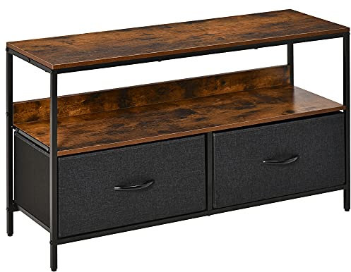 HOMCOM Meuble TV Bas sur Pieds Style Industriel 2 tiroirs en Tissu Gris MDF Marron Rustique et métal Noir