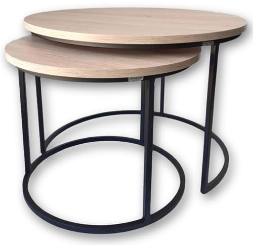 holz4home® Couchtisch 2er-Set MDF Sonoma Eiche I Runder Beistelltisch im Industrial Style I Metallrahmen Pulverbeschichtet I Wohnzimmertisch Kombination