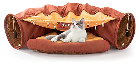 Galatée Katzenbett, Katzentunnel Mit Kissenmatte, Haustierhöhlenbett Mit 2 Hängenden Kratzbällen, Weiches Und Gemütliches Katzentunnelbett, Katzentunnel Für Indoor-Katzen(Dunkelbraun)