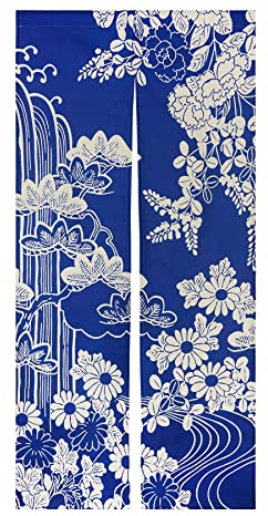 LIGICKY Japanese Noren Doorway Curtain Thick Cotton Linen Long Type Printed Door Tapestries for Home Decoration 85 x 180 cm, Blue (Chrysanthemum)