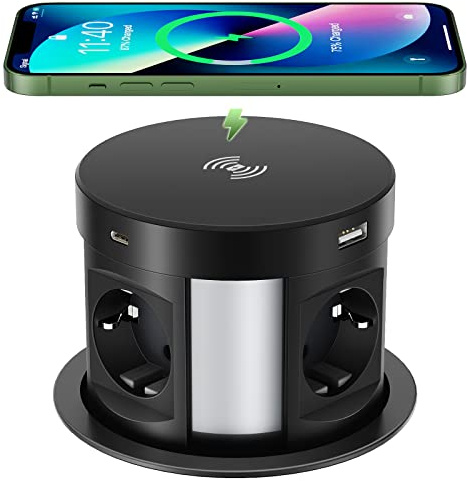 Tersänkbart bordsuttag med USB C 4-vägs grenuttag, skrivbord med trådlös laddare, 2 m kabel för kontor, kök, svart