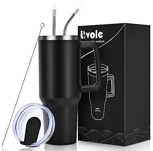 Livole 40oz 1200ml Trinkbecher mit Deckel und Strohhalm, Edelstahl Thermobecher mit Henkel, Doppelwandig Kaffeebecher to go, Vakuum Isolierter Tumbler Becher für Camping, Sport, Auto, Büro, Schwarz