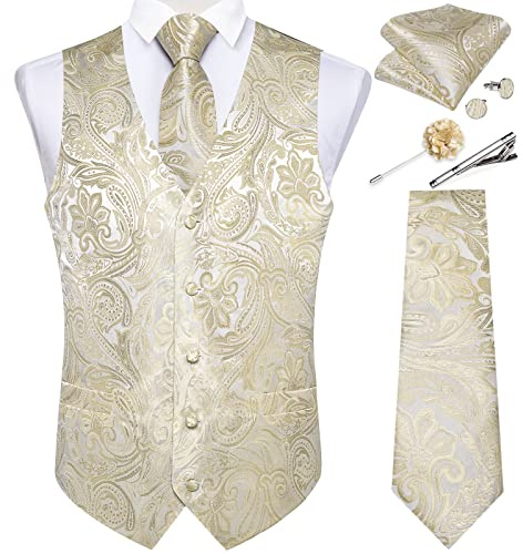 DiBanGu Herren-Krawatten-Set, Seide, Paisley-Kleid, Weste, Hochzeit, 6 | Anzugweste, Jacquard-gewebt, klassisches Design, V-Ausschnitt, 2 echte Taschen, Business, Freizeit, formelle Anlässe, Party