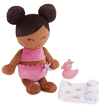 LullaBaby Badepuppe aus Plüsch, 36 cm, mit Handtuch und Badeente | Weiche Badewannenpuppe mit Oberteil, Handtuch mit Sternenmuster und rosa Badeente für Wasserspiele in der Badewanne, 2+ Jahre