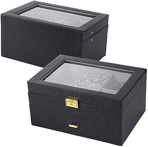 BONOOL Exquisite praktische Schmuckschatulle, Schmuck- und Uhrenbox, 2-lagige Leder-Aufbewahrungsvitrine, Uhren-Schmuck-Organizer mit Schloss und oberer Glas-Schmuckaufbewahrung, Geschenk der Liebe
