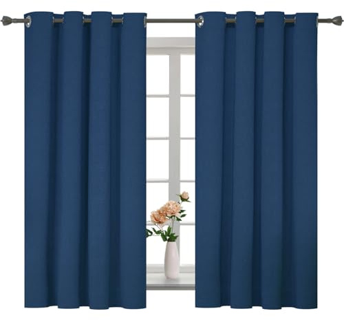 YSTELLAA 100% Gardinen Blickdicht 2er Set, 140×145cm,Thermovorhang Leinenoptik Kälteschutz, Schallschutz Gardinen Mit Ösen, Verdunklungsvorhänge Wohnzimmer, Schlafzimmer, Blau