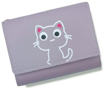 Eterspr Süß Geldbörse Damen Klein, PU Leder Katzen Geldbeutel Brieftasche, Tragbar Geldbörse Damen mit Schlüsselanhänger, für Ausflüge und Geschenke (Lila)