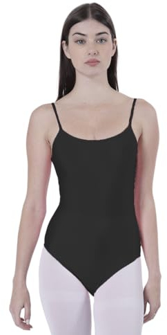 Carnavalife Body da Danza, da Donna, da Ginnastica, senza Maniche, con Spalline, con Collo Tondo e che Copre la Schiena, Non Trasparente, Aderente per Danza, Ballo, Ginnastica Ritmica, Nero , S