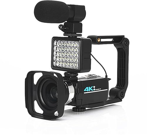 NVYAZJ 4K Ultra HD Camcorder, 16X Zoom 3.0 Touch Screen Night Vision Wi-Fi Cameras with Webcam External Microphone and Lens Hood Handheld Stabilizer, Filler, Wide-angle Lens(Black)