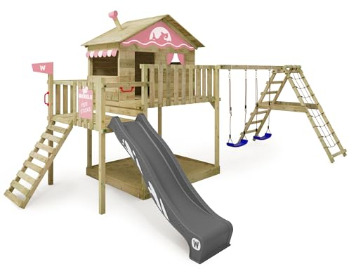 WICKEY Spielturm Klettergerüst Smart Ocean mit Schaukel & pastellpinker Rutsche, Outdoor Kinder Kletterturm mit Sandkasten, Leiter & Spiel-Zubehör für den Garten