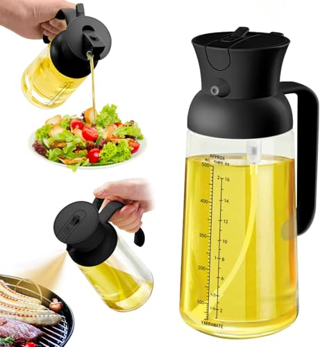 YARRAMATE Botella Dispensadora de Aceite de Oliva para Cocina con Escala de Medición, Pulverizador 2 en 1 para Cocinar, Botella de Vidrio de 18oz/550ml con Vertedor (Negro)