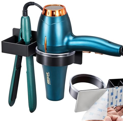 YYBO Fönhalter Ohne Bohren, Glätteisen Halterung, Föhn Halterung für Haartrockner und Glätteisen, Föhnhalter Wand, Haartrocknerhalter Wandhalterung, Selbstklebend Fönhalterung für Bad Hotel (Schwarz)