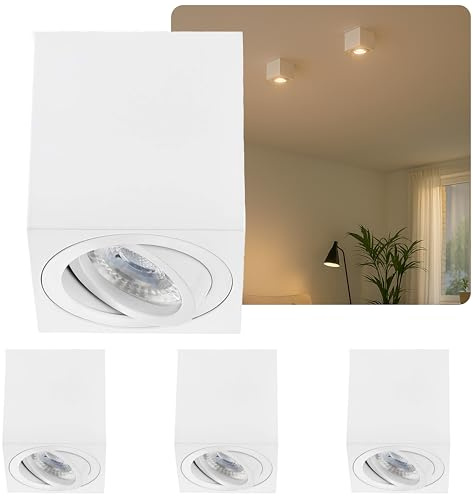 Sweet Led Aufbaustrahler aus Aluminium - 4x Deckenspots 7W 3000K warmweiß - LED Aufbauspot weiß matt Eckig - Aufbauspot GU10 80x80x84 mm - Aufputz 230V schwenkbar