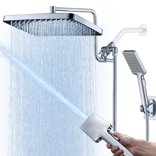 33 cm Duschkopf mit Handbrause Combo, Hochdruck-Wasserfall-Duschkopf, Regenduschkopf mit Hand-Tandem-Duschkopf mit 30,5 cm Verlängerungsarm, Messing Duschumsteller (poliertes Chrom)