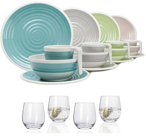 Melamin Camping Geschirr Set 4 Personen Harmonie 16 Teilig + 4 Gläser Wassergläser Tafelgeschirr Picknick BBQ Kochgeschirr