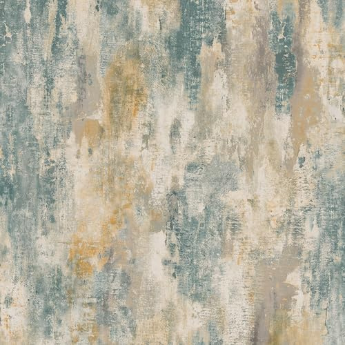 Grandeco Bosa Distressed Shimmer Rustic Artisan Plaster Effect Wallpaper, Teal & Ochre