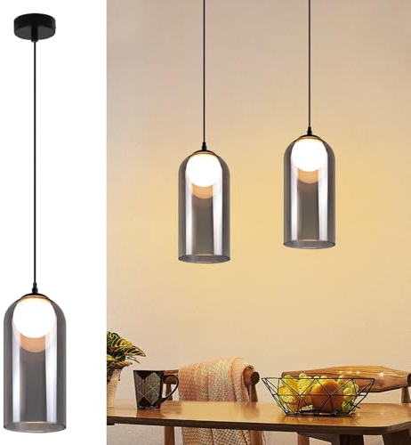 CBJKTX Hängeleuchte Esstisch Pendelleuchte 1 Flammig Vintage Hängelampe | Rauchglas Glas Esstischlampe Hängend G9 Schwarz Pendellampe Höhenverstellbar für Wohnzimmer Küche (ohne Leuchtmittel)